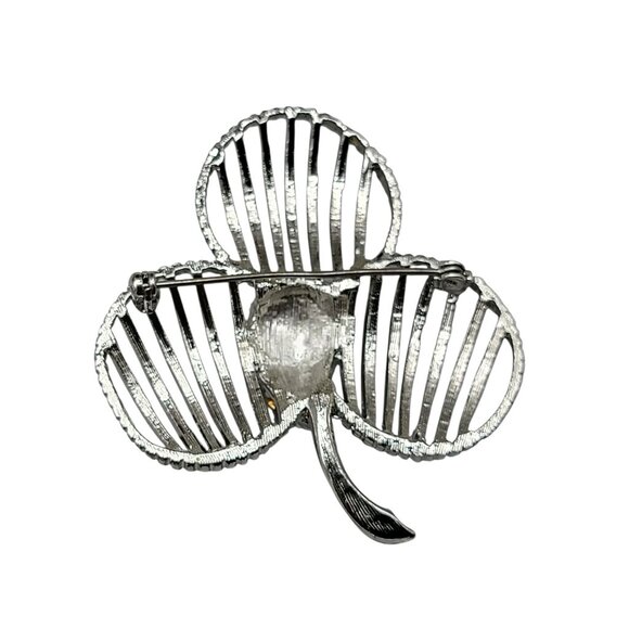 Paved Center 3 Leaf Clover Brooch Silver Tone Open Metal Work Clear Rhinestone - Picture 4 of 8